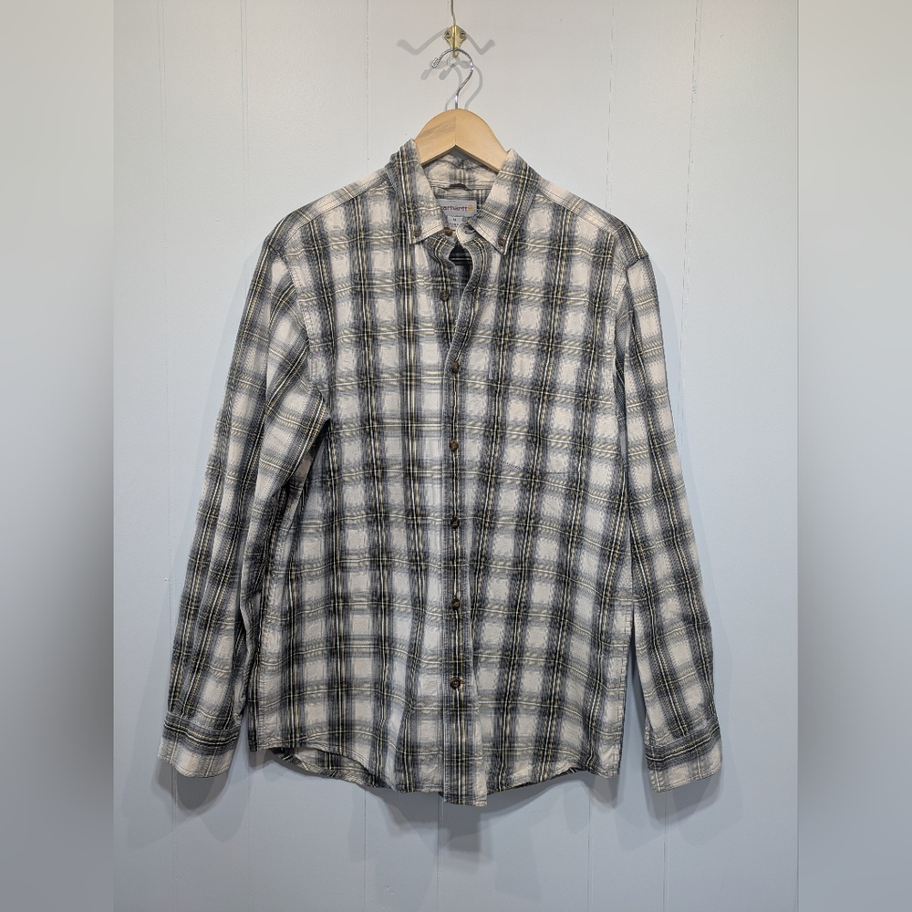 Carhartt Button Down Shirt Plaid Size Medium Gray Yellow Relaxed Fit